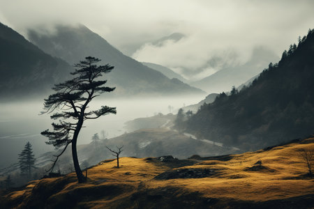 Spooky autumn mountains covered in fog, creating a mysterious and eerie atmosphereの素材