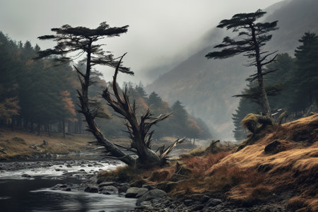 Spooky autumn mountains covered in fog, creating a mysterious and eerie atmosphereの素材