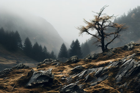 Spooky autumn mountains covered in fog, creating a mysterious and eerie atmosphereの素材