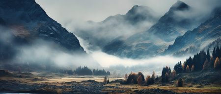 Spooky autumn mountains covered in fog, creating a mysterious and eerie atmosphereの素材