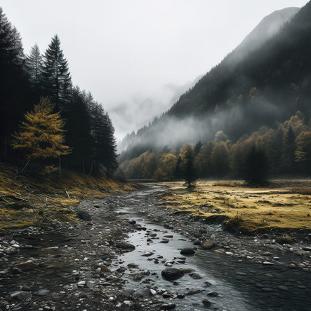 Spooky autumn mountains covered in fog, creating a mysterious and eerie atmosphereの素材