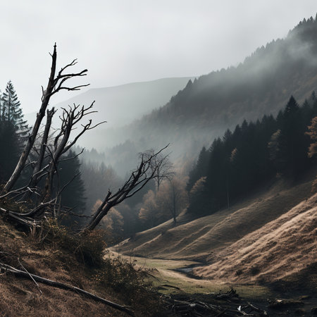 Spooky autumn mountains covered in fog, creating a mysterious and eerie atmosphereの素材