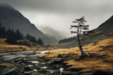 Spooky autumn mountains covered in fog, creating a mysterious and eerie atmosphereの素材