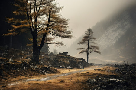 Spooky autumn mountains covered in fog, creating a mysterious and eerie atmosphereの素材