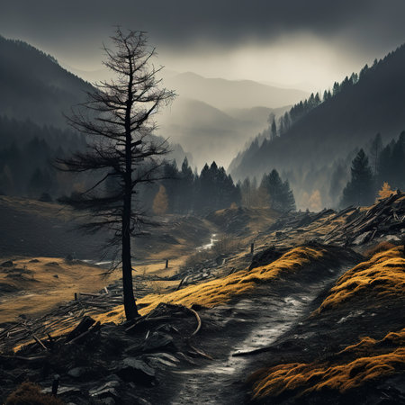 Spooky autumn mountains covered in fog, creating a mysterious and eerie atmosphereの素材