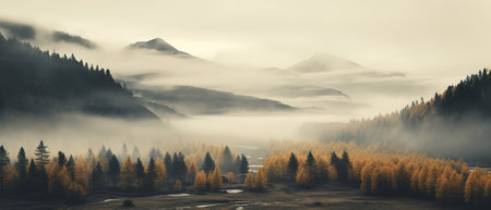 Spooky autumn mountains covered in fog, creating a mysterious and eerie atmosphereの素材