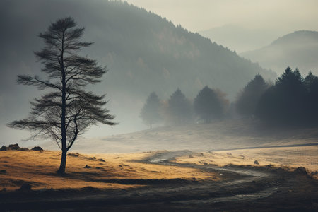 Spooky autumn mountains covered in fog, creating a mysterious and eerie atmosphereの素材