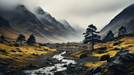 Spooky autumn mountains covered in fog, creating a mysterious and eerie atmosphereの素材