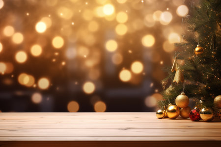 Empty wooden table with Christmas tree in background, perfect for showcasing your products or designsの素材