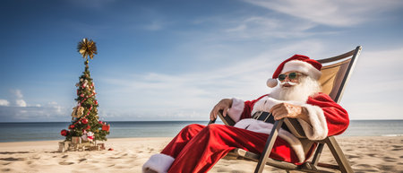 Santa Claus relaxing on tropical beach. He is lying on a sunlounger, sipping a cocktail, and enjoying the sunshine. Perfect for creating Christmas cards, posters, or other holiday themed designsの素材