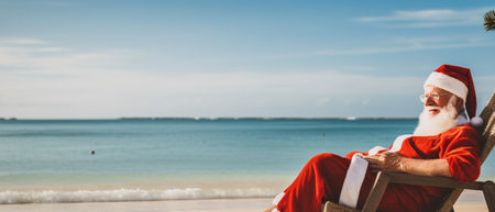 Santa Claus relaxing on tropical beach. He is lying on a sunlounger, sipping a cocktail, and enjoying the sunshine. Perfect for creating Christmas cards, posters, or other holiday themed designsの素材