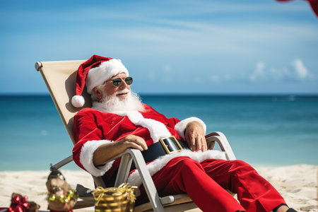 Santa Claus relaxing on tropical beach. He is lying on a sunlounger, sipping a cocktail, and enjoying the sunshine. Perfect for creating Christmas cards, posters, or other holiday themed designsの素材