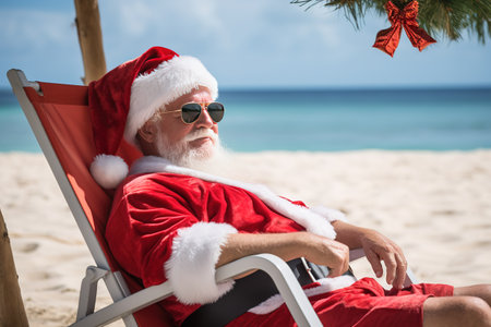 Santa Claus relaxing on tropical beach. He is lying on a sunlounger, sipping a cocktail, and enjoying the sunshine. Perfect for creating Christmas cards, posters, or other holiday themed designsの素材