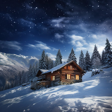 Winter wonderland panorama, wooden house in snowy mountains under starry skyの素材