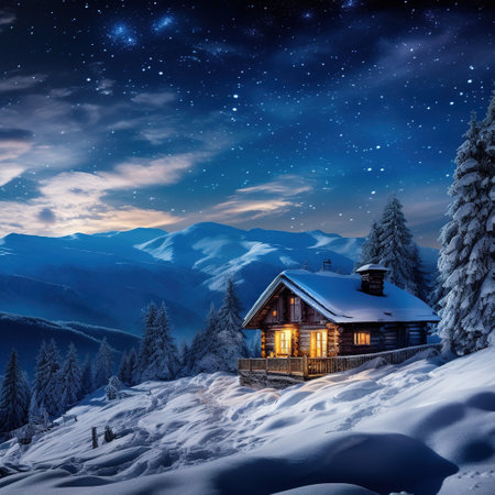 Winter wonderland panorama, wooden house in snowy mountains under starry skyの素材