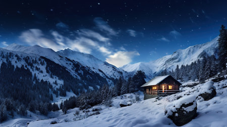 Winter wonderland panorama, wooden house in snowy mountains under starry skyの素材