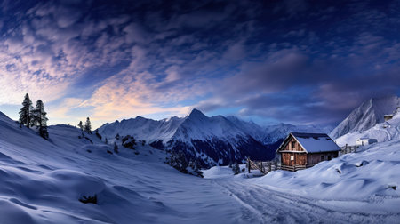Winter wonderland panorama, wooden house in snowy mountains under starry skyの素材