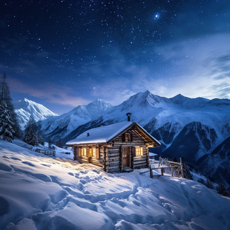 Winter wonderland panorama, wooden house in snowy mountains under starry skyの素材