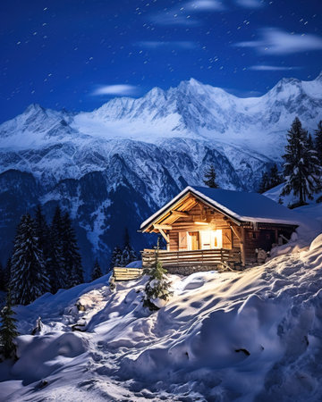 Winter wonderland panorama, wooden house in snowy mountains under starry skyの素材
