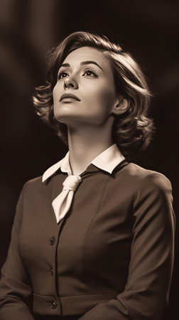 Young businesswoman in a stylish suit strikes a thoughtful pose with a duotone filter, creating a modern, chic appearanceの素材