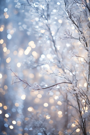 Sparkling silver branches on a light silver blur background, creating a magical and festive atmosphere. Template for Christmas and New Year cards, social media posts, and website designs. Copy spaceの素材
