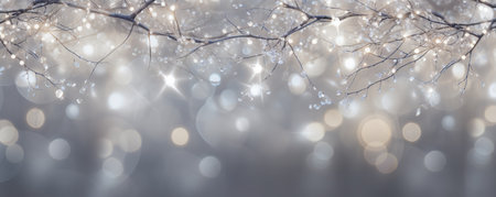 Sparkling silver branches on a light silver blur background, creating a magical and festive atmosphere. Template for Christmas and New Year cards, social media posts, and website designs. Copy spaceの素材