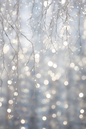Sparkling silver branches on a light silver blur background, creating a magical and festive atmosphere. Template for Christmas and New Year cards, social media posts, and website designs. Copy spaceの素材