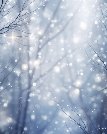Sparkling silver branches on a light silver blur background, creating a magical and festive atmosphere. Template for Christmas and New Year cards, social media posts, and website designs. Copy spaceの素材
