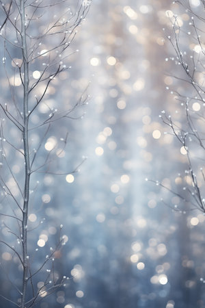 Sparkling silver branches on a light silver blur background, creating a magical and festive atmosphere. Template for Christmas and New Year cards, social media posts, and website designs. Copy spaceの素材