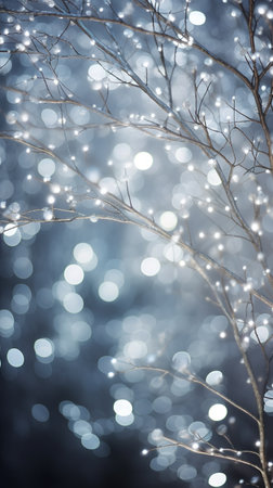 Sparkling silver branches on a light silver blur background, creating a magical and festive atmosphere. Template for Christmas and New Year cards, social media posts, and website designs. Copy spaceの素材