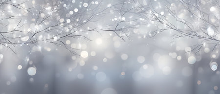 Sparkling silver branches on a light silver blur background, creating a magical and festive atmosphere. Template for Christmas and New Year cards, social media posts, and website designs. Copy spaceの素材