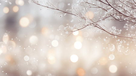 Sparkling silver branches on a light silver blur background, creating a magical and festive atmosphere. Template for Christmas and New Year cards, social media posts, and website designs. Copy spaceの素材