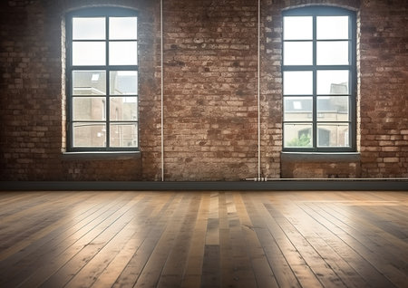 3D rendering of an empty room with a big window in loft style. Wooden floor and brick wall in a modern interior. Bright and spacious space with a lot of natural light. Perfect for copy spaceの素材