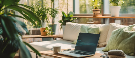 3D rendering of a cozy living room with a work desk, perfect for remote work. Wooden floor, brick wall, and soft furnishings create a warm. Comfortable place to work from homeの素材