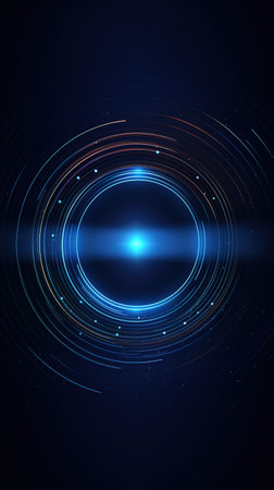 Abstract glowing circle lines on dark blue background. Geometric stripe line art design. Modern shiny blue lines. Futuristic technology concept. Suit for poster, cover, banner, brochure, websiteの素材