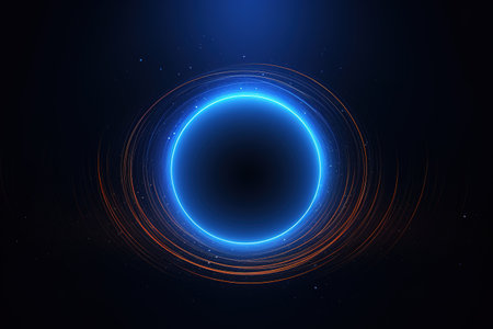Abstract glowing circle lines on dark blue background. Geometric stripe line art design. Modern shiny blue lines. Futuristic technology concept. Suit for poster, cover, banner, brochure, websiteの素材
