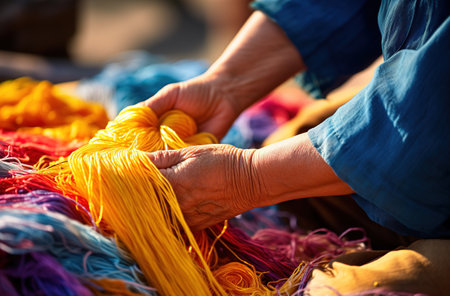 Hands of Elderly woman weaving a basket, a modern traditional heritage craft passed down through generations. The basket is made of straw, wicker, and cottonの素材