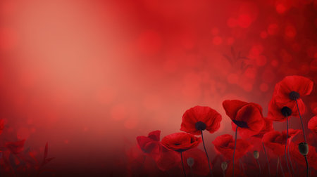 Remembrance Day background with copy space. Red poppy flowers on bokeh background. Suitable for social media posts, posters, and other marketing materialsの素材