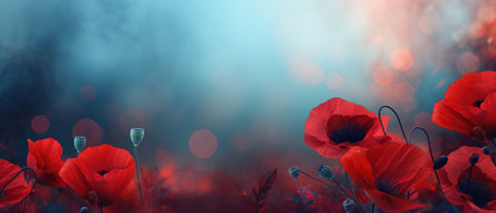 Remembrance Day background with copy space. Red poppy flowers on bokeh background. Suitable for social media posts, posters, and other marketing materialsの素材