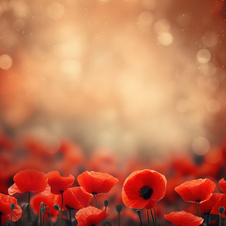 Remembrance Day background with copy space. Red poppy flowers on bokeh background. Suitable for social media posts, posters, and other marketing materialsの素材