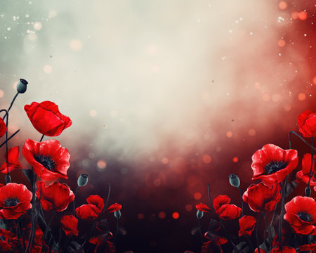 Remembrance Day background with copy space. Red poppy flowers on bokeh background. Suitable for social media posts, posters, and other marketing materialsの素材