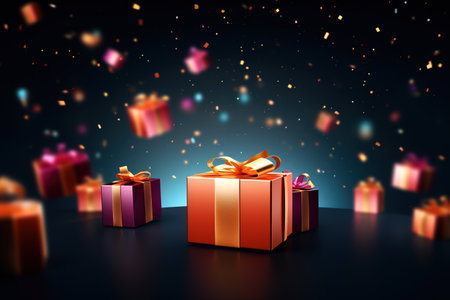 Singles Day background with copy space. Red gift boxes and balloons on a table, perfect for advertising, banners, and social media postsの素材