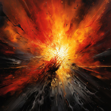 Vibrant abstract painting with bright splashes of red, orange, and yellow in a modern futuristic style, perfect for adding energy and movement to your designsの素材