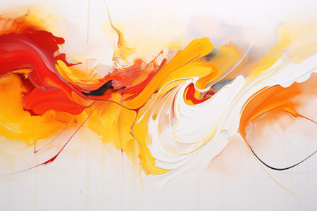 Vibrant abstract painting with bright splashes of red, orange, and yellow in a modern futuristic style, perfect for adding energy and movement to your designsの素材