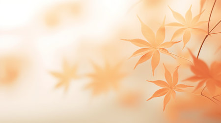 Beautiful autumn background with group of floating maple leaves in orange and yellow on blurred backgroundの素材