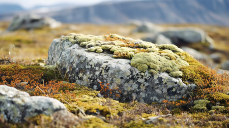 Close up of colorful lichens growing on a rock in the tundra. Various shades of green, yellow,...