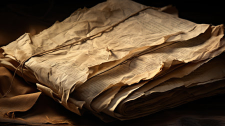 Close up of a piece of crinkled parchment, with sepia-toned streaks and creases. It looks like an old manuscript, with a story to tellの素材