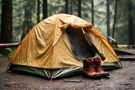 Rainy day tent in the woods. Tent sits in a field of green grass, surrounded by trees. Rain falls gently on the tent, creating a peaceful and serene scene. Copy spaceの素材