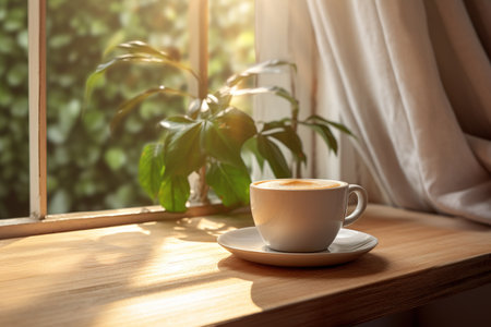 A cup of coffee sits on a windowsill next to a potted plant in the warm sunlight of Sunday afternoon. The scene is peaceful and inviting, perfect for a relaxing afternoonの素材