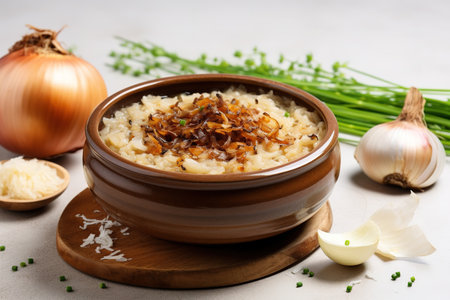 French onion soup porridge with shallot shavings served in a bright beige bowl. A comforting and delicious mealの素材